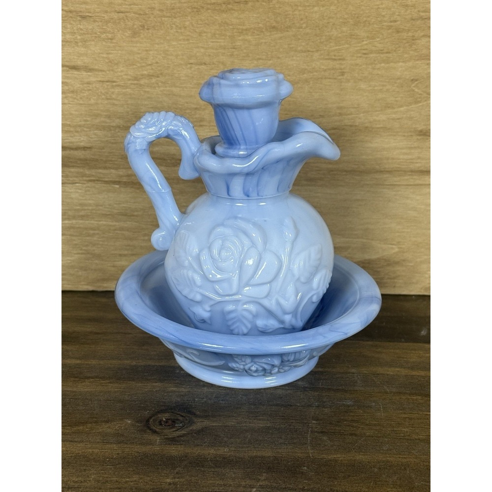VTG Avon Blue Glass‎ Pitcher Bowl Soap Set Blue Slag Milk Glass W/ Original Soap